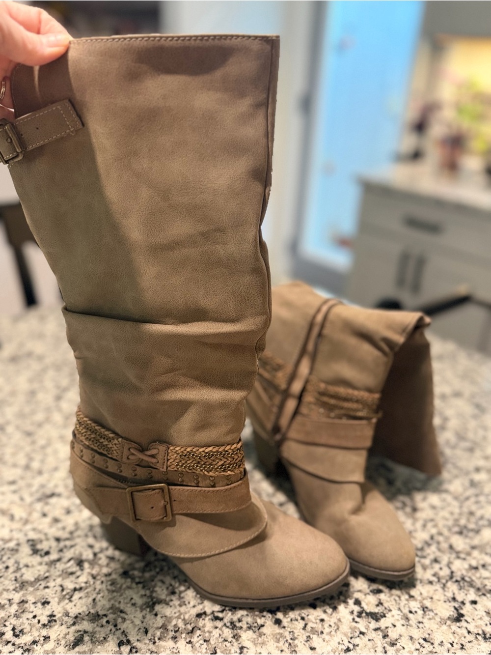 Mid-Calf Braided Strap Heeled Boots in Tan